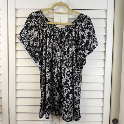 LOFT Floral Smocked Blouse Women XXL Black White Short Sleeve Flutter Cuff