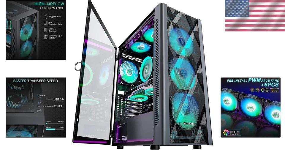 Mid-Tower Gaming PC Case with 6 PWM ARGB Fans and Tempered Glass Door - Image 2 of 4