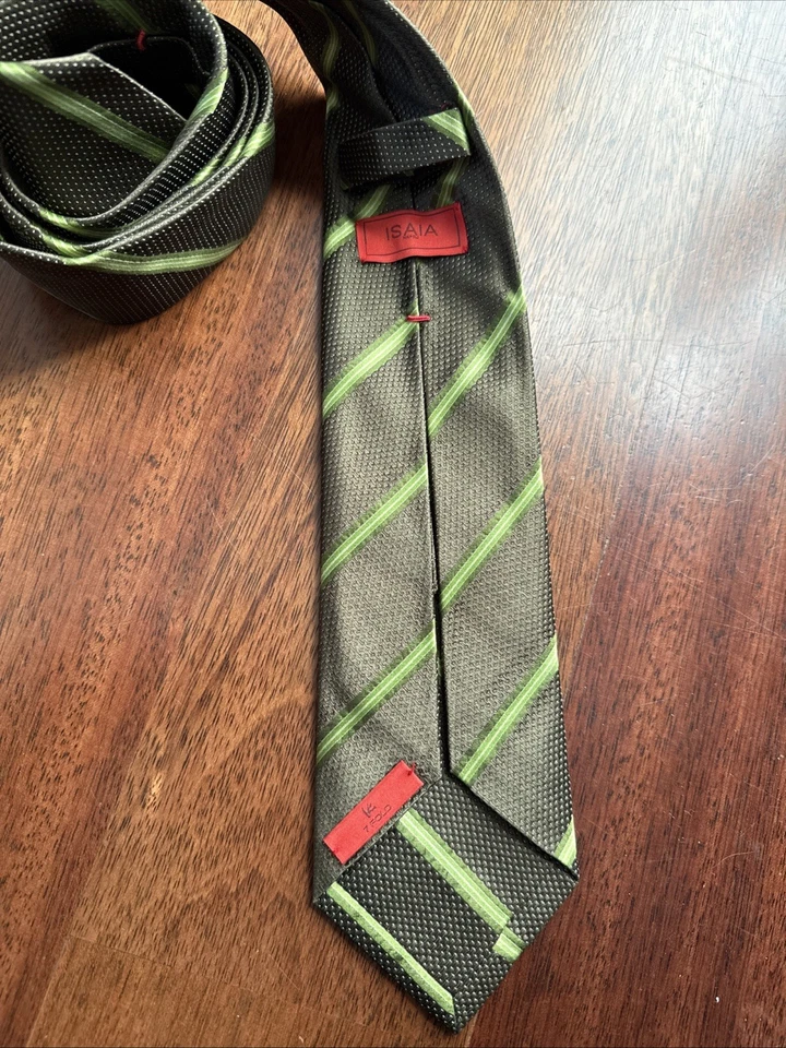 LNWOT  Recent Green Striped Isaia 7-fold Silk Tie Made in Italy - Image 2 of 4