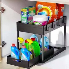 2 Pack Under Sink Organizer   Bathroom  Kitchen Cabinet Storage Rack with Hooks