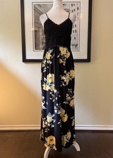 Women’s Black Floral Maxi Dress Lace Crochet Bodice Boho A-Line Sundress Size L