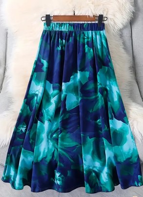 Plus 26 5x Stretch Floral Blue Green Ocean Maxi Skirt - Flowy Elastic Waist