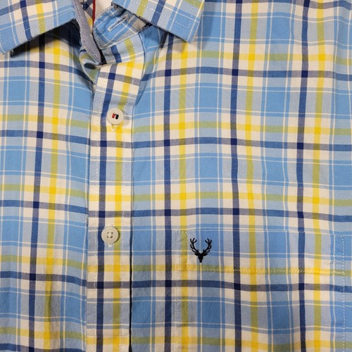 Allen Solly Shirt Mens 42 Blue Yellow Plaid Cotton Sport Fit Button Up - Picture 3 of 10