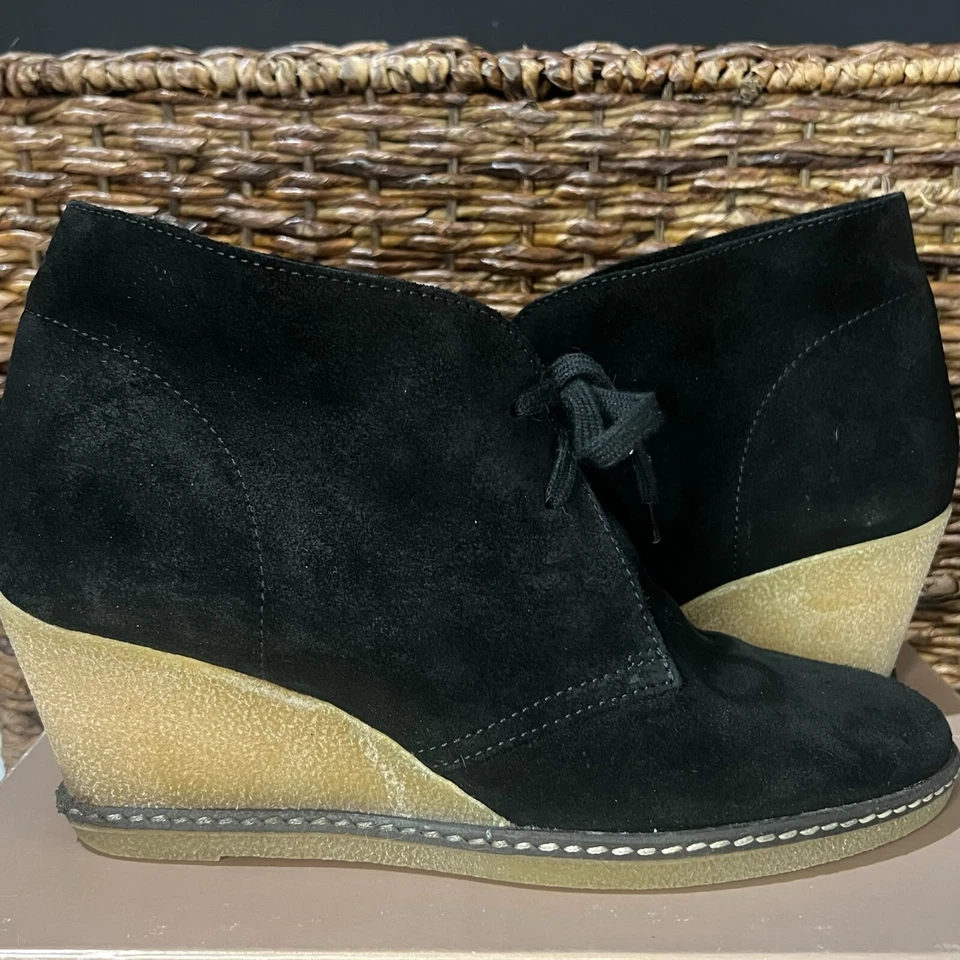 J Crew MacAlister 坡跟靴女式 9 黑色皮革麂皮绒系带 Chukka — 第 3/4 张图片