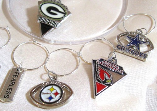 SET OF 7 NFL TEAM PATRIOTS COWBOYS PANTHERS PACKERS SEAHAWKS WINE GLASS CHARMS - Picture 3 of 6