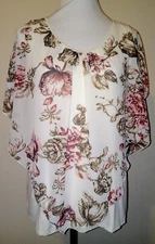 Naif womens Sz Lrg White &  Red Floral Short Flutter Sleeve Overlay Blouse Tank 