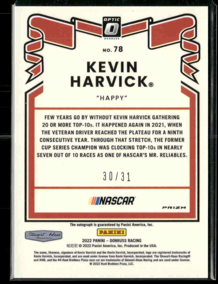 2022 Donruss #78 Kevin Harvick Optic Signatures Holo #/31 - Image 2 of 2