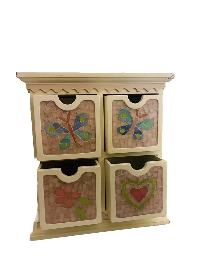 Mini cómoda de escritorio vintage de 4 cajones madera y mosaico vidrio mariposa Foto 2 de 4