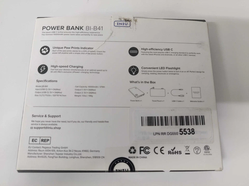 Портативное зарядное устройство INIU, самый тонкий банк питания 10000 мАч 5 В / 3 А, USB C вход и выход черный - Изображение 2 из 4