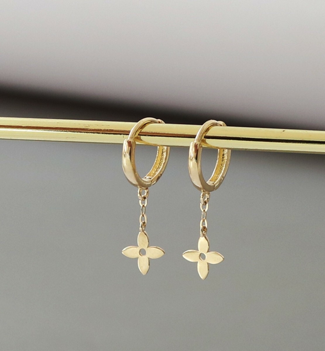 10K Real Gold Dangle Clover Flowers Earring Women Daily Dainty Drop Earrings