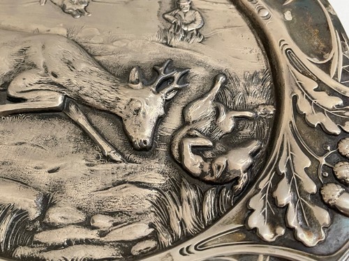 Antique German Bavarian Silver Plated Wall Plaque Plate Deer Stag Hunting Scene - Picture 9 of 14