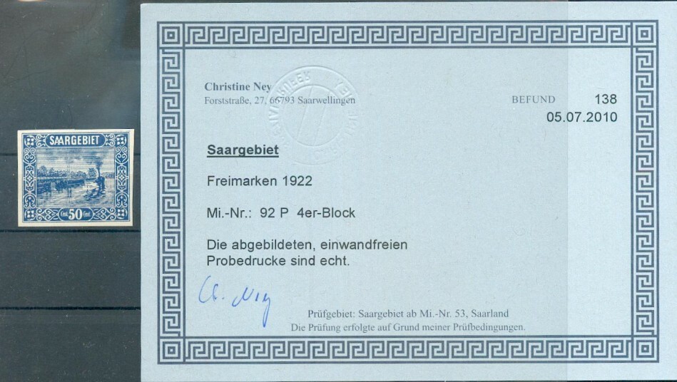 Saar 92P Test Print Certificate Copy Ex VB** MNH Post Fresh (70548)