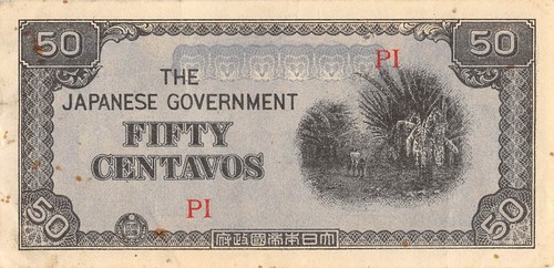 Philippines 50 Centavos ND. 1942 Block {PI} WW II Issue Circulated Banknote BBZ