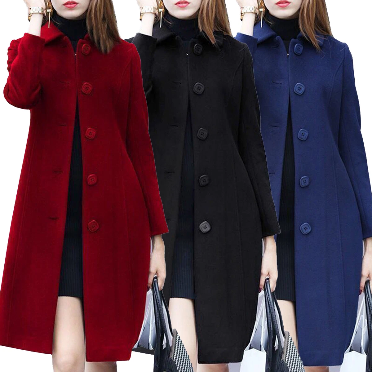 Fashion lapel collar red blue check printed woolen loose top long coat
