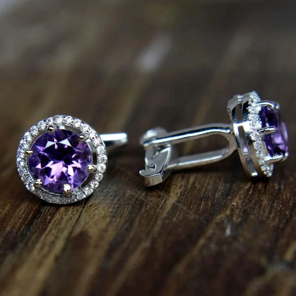 天然紫色紫水晶宝石 925 纯银袖扣礼物送给男朋友 — 第 2/3 张图片