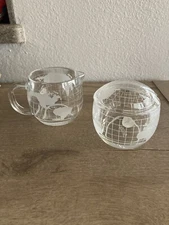 1970s Nestle Glass Sugar Bowl w/ Lid & Creamer Etched World Globe Map