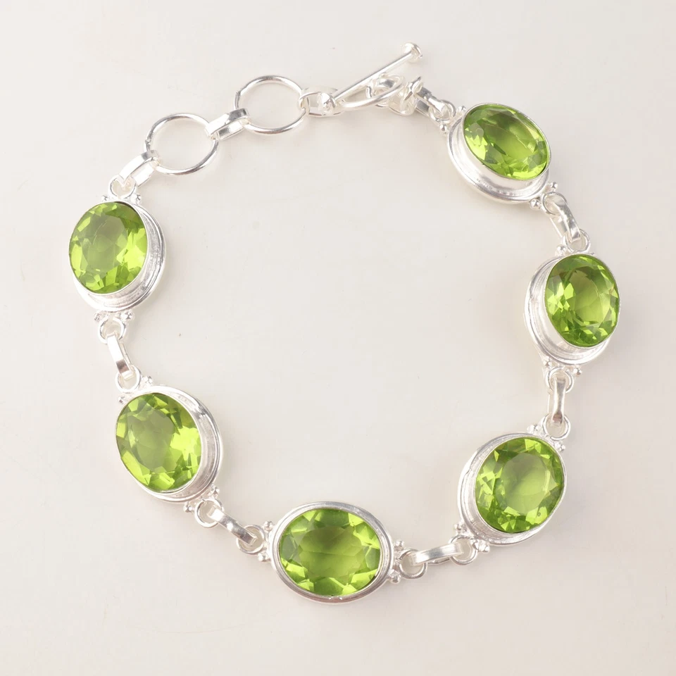 Brazalete de cadena de piedras preciosas de peridoto natural plata de ley 925 joyería india Foto 3 de 4