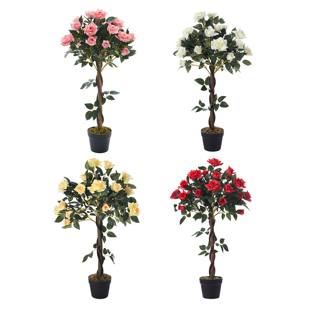 Tall Artificial Rose Bush Tree Flowering Plant Fake in Pot Outdoor