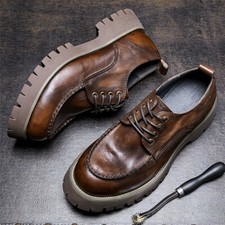 Retro British Round Toe Men Lace Up Formal Dress Real Leather Work Shoes Low Top