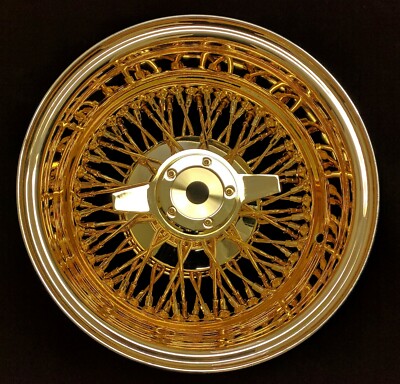 14X7 REVERSE 2 PC  K/O WIRE WHEELS 72 Cross Lace ALL GOLD USA 24K SET OF 4