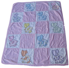 VTG Sunbonnet Sue Lap Crib Quilt Patchwork Pink Blue Backed w Cat Print Handmade