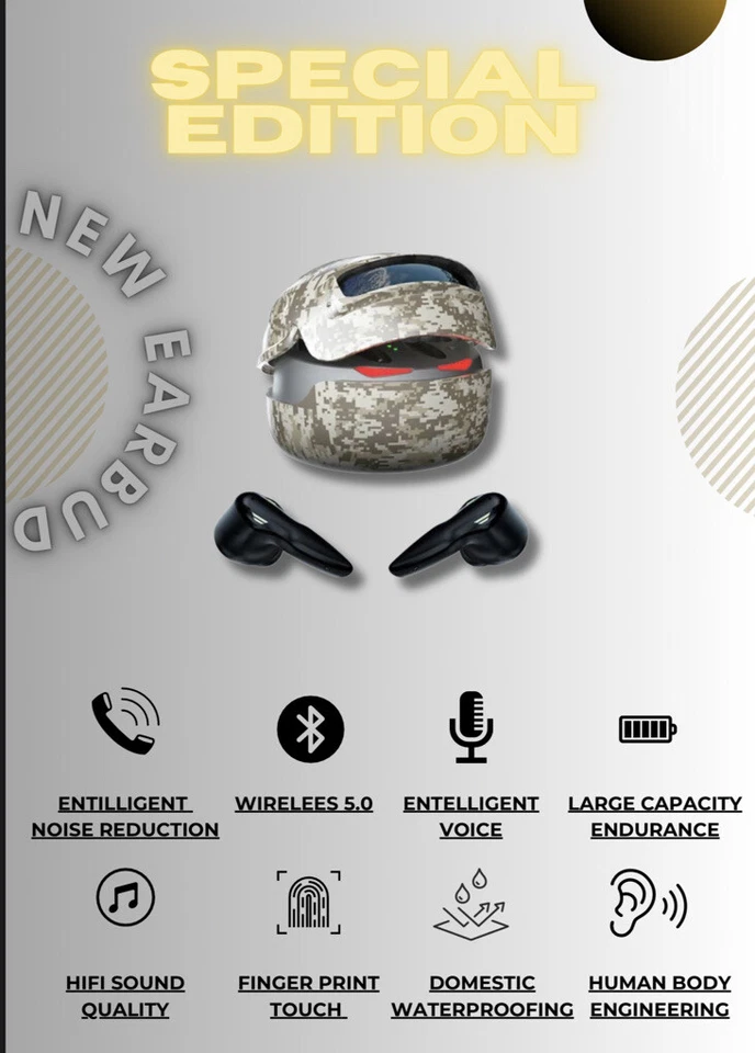 Wireless Earbuds For Kids Military Camo Bluetooth LED TWS Noise Reduction - Image 3 of 4