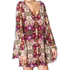 Show Me Your Mumu Womens Gabby Mini Dress Medium Floral V-Neck Long Sleeve