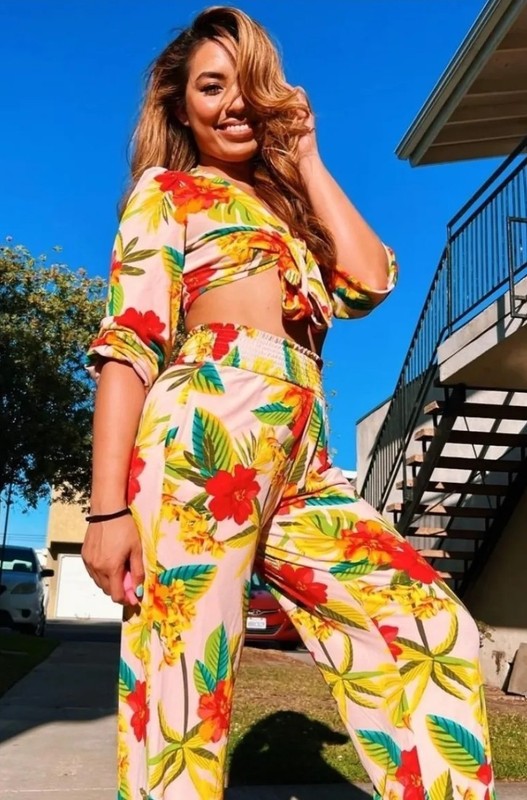 bar III 2X Plus Tropical Floral 2pc Tie-Front Crop Top Wide-Leg Pants
