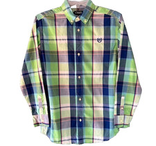 Chaps Boys L 14/16 Green Blue White Plaid Button Down Preppy Long Sleeve Logo