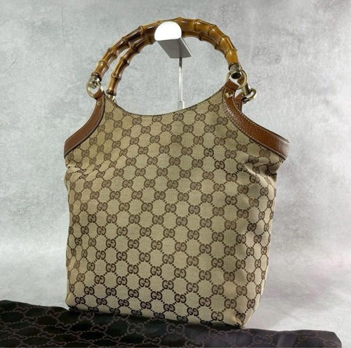 Gucci Handbag GG Pattern Bamboo Canvas Leather Brown Ships From Japan