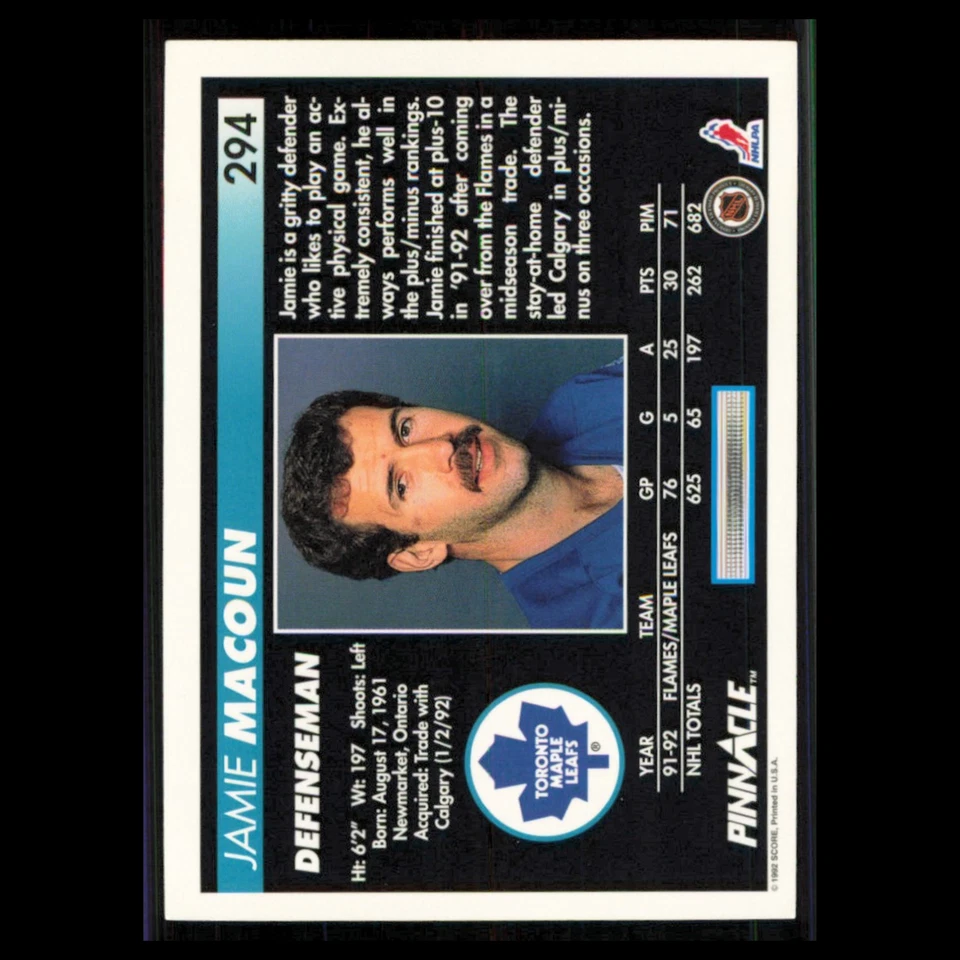 Jamie Macoun #294 1992 Pinnacle Toronto Maple Leafs Hockey Card NHL NM - Image 2 of 3