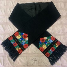 Vintage Hungarian 80  Floral Black Wool Scarf Embroidered Beaded Lined Fringe