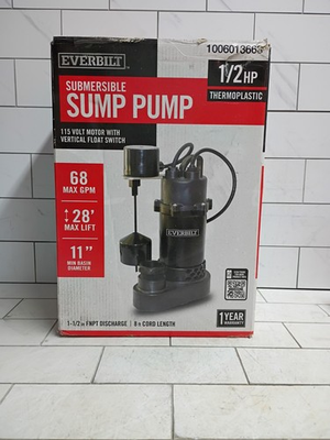 #ad Everbilt HDSP50V 1 2 HP Submersible Sump Pump Thermoplastic Vertical Open Box. $75.99
