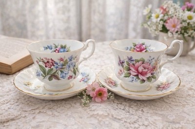 Royal Albert Summertime Series Bone China Cup & Saucer Set Floral England (4 Pc)