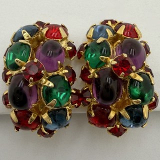 VINTAGE SCHIAPARELLI GOLD PLATE BLUE GREEN RED PURPLE RHINESTONE EARRINGS