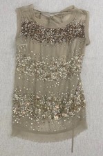 Tank Top Womens Size M Gold Round Neck Strappy Back Sequins Accent Raw Hem