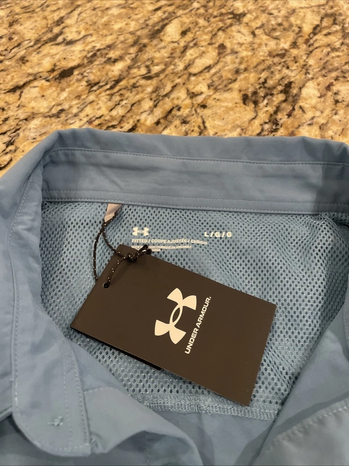 NWT Under Armour 100% Nylon Vented Aqua Blue Fishing Shirt Men’s Size L!! - Image 3 of 4