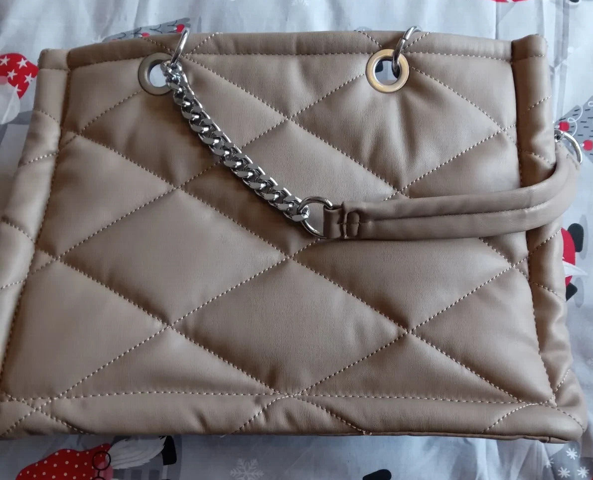 Beige TOTE Bag Padded Quilted Chain SHoulder Straps Primark Neutral