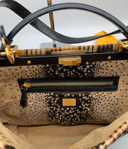 Fendi Peekaboo calfskin Top Handle Handbag RARE beaded Large pattern neutral - Picture 12 of 24
