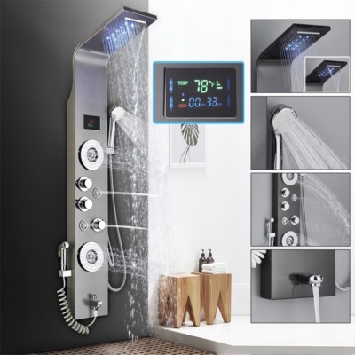 Stainless Steel Shower Panel Tower System LED Rainfall&Waterfall Massage Body