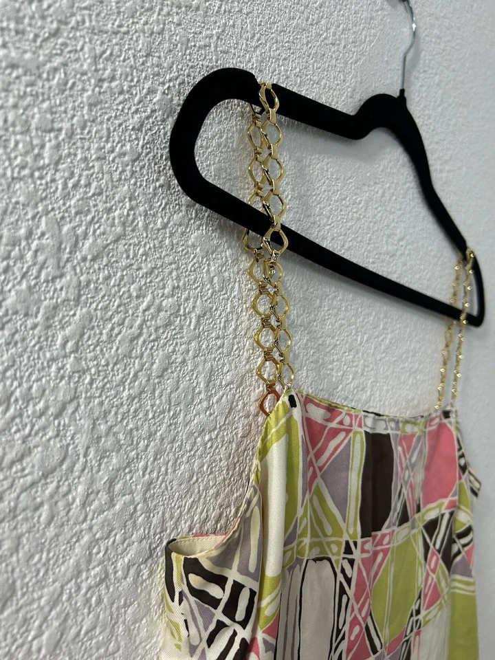 Milly New York Silk Green Pink Brown Geometric Shift Mini Dress Metal Straps 6 - Image 3 of 4