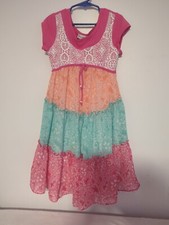 Jona Michelle Girl's 7 Multicolor Floral Paisley Tiered Dress Short Sleeve Lace