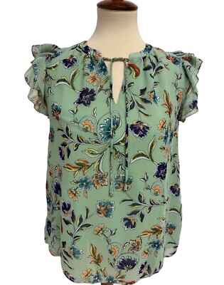 Philosophy Women's Cap Ruffle Sleeve Light Green Floral Chiffon Blouse Size S/P