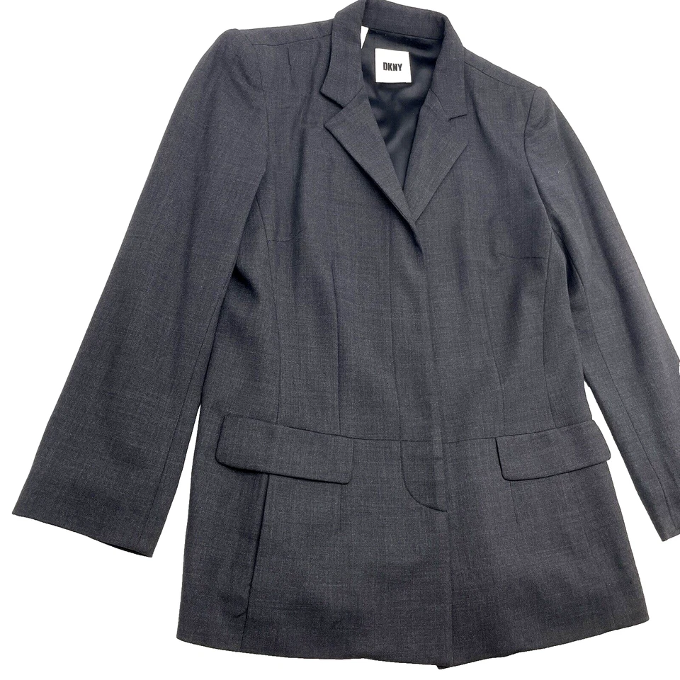 Chaqueta Blazer Vintage Años 90 DKNY Negra Lana Longline Botón Oculto Para Mujer Talla 4 Foto 2 de 4