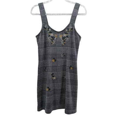 Topshop Dress 10 Houndstooth Embroidered Floral Mini Dress White Black  Yellow
