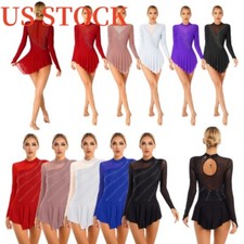 Women's Ice Skating Dress Long Sleeve Rhinestone Mesh Lyrical Dance Leotard