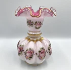 Fenton Charleton Hand Painted Ruffled Melon Glass Vase With Original Sticker
