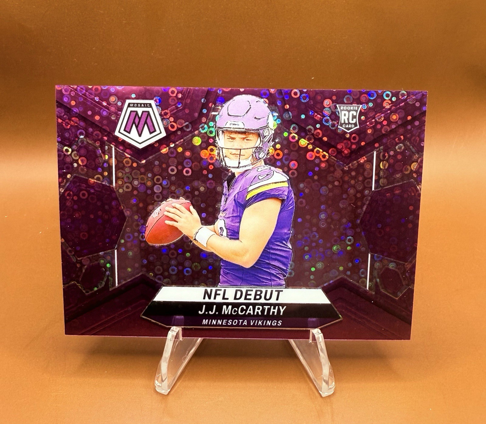 2024 MOSAIC PRIZM JJ MCCARTHY NFL DEBUT PURPLE DISCO COLOR MATCH RC /50 VIKINGS