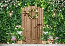 7x5ft Green Leaves Wood Door Photography Backdrop Nature Leaf Flowers Background