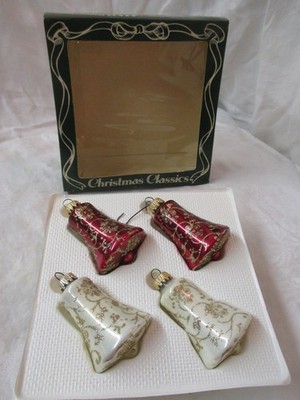 Vintage Germany Krebs 4 Glass Christmas Ornaments red white Bells frost MIB #38